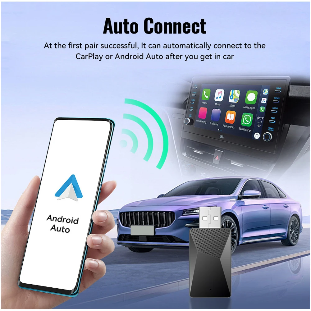 AI Box חכם לרכב – ממיר CarPlay ו-Android Auto קווית לאלחוטי, חיבור מהיר Bluetooth 5.0 ו-WiFi 5.8GHz, Plug & Play, מסך מגע ובקרת קול. נהיגה חכמה, מתאים ליותר מ-600 רכבים, משלוחים חינם ושירות בעברית.