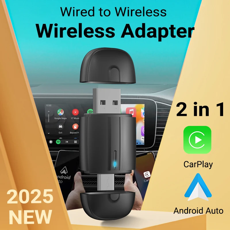 מתאם 2in1 חכם לרכב – ממיר CarPlay ו-Android קווית לאלחוטי, חיבור מהיר Bluetooth 5.0 ו-WiFi 5.0, מסך מגע, בקרת קול וחיבור אוטומטי. מתאים ל-600+ רכבים, משלוחים חינם ושירות בעברית.